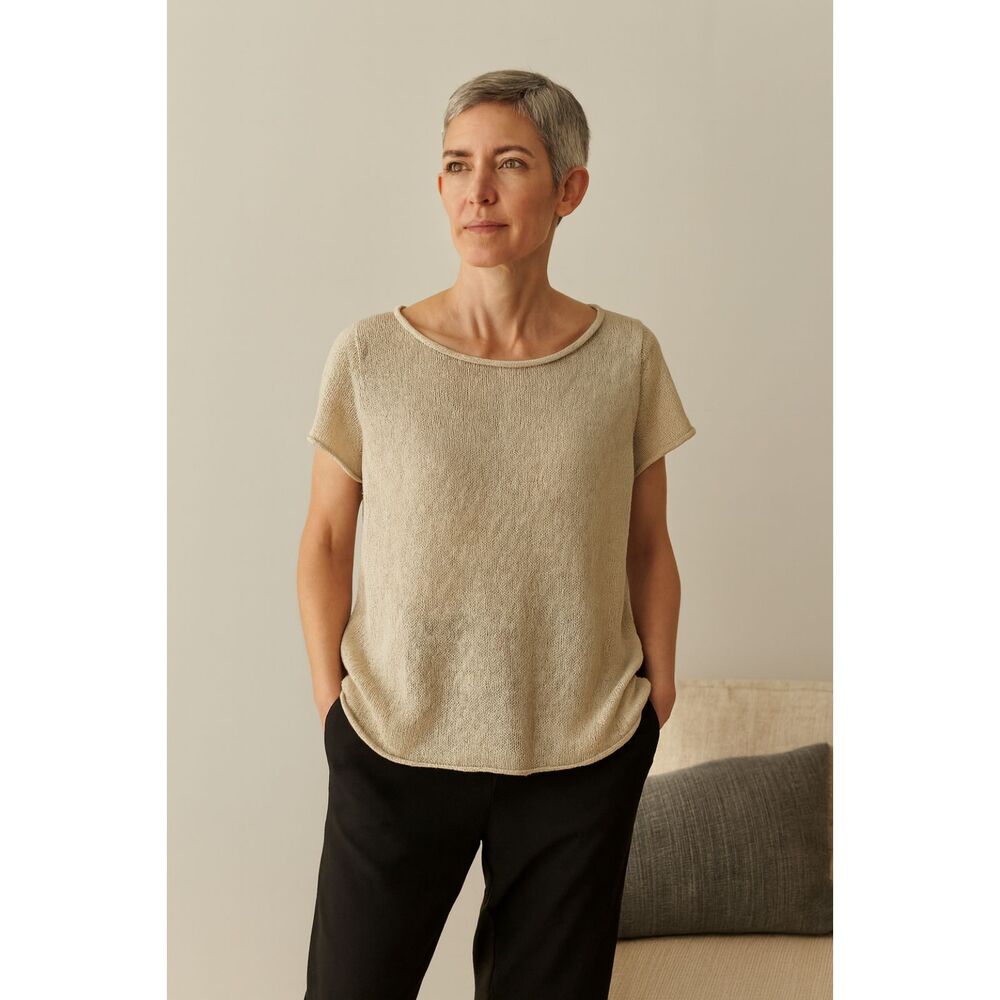 EILEEN FISHER Beige 100% Linen T Shirt Tee Blouse Top Women's Size Medium - Picture 1 of 9